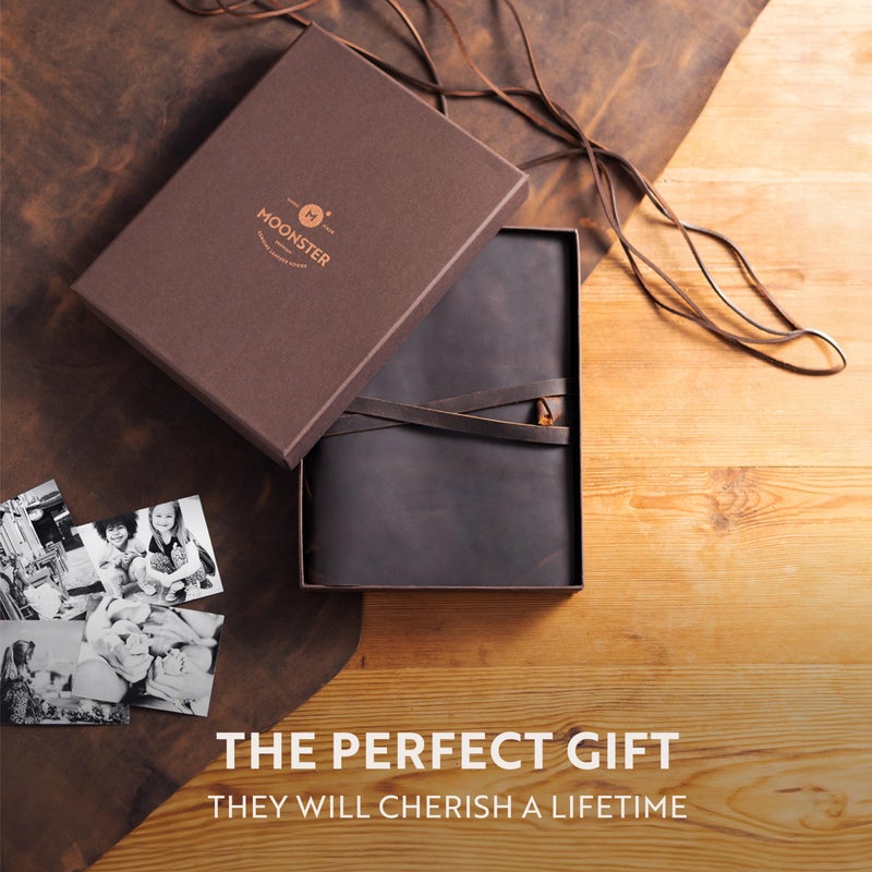 MOONSTER Leather Scrapbook & Photo Album â€“ Handcrafted Full Grain Buffalo Leather Scrapbook Keepsake Photo Book with Strap â€“ Vintage Gift Picture Album for Memories & Classic Photo Albums - Image 5